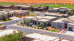 Aerial perspective of suburban area with a golf club