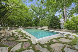 Outdoor pool with a patio and view of wooded area