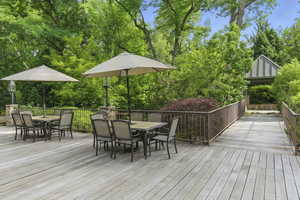 Deck with outdoor dining space and view of wooded area