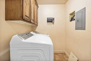 Laundry room featuring electric panel, washing machine and clothes dryer, cabinet space, and stone finish floors
