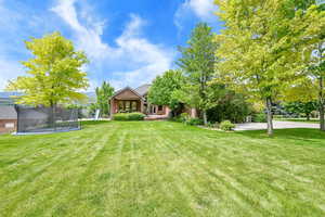 View of grassy yard featuring a trampoline