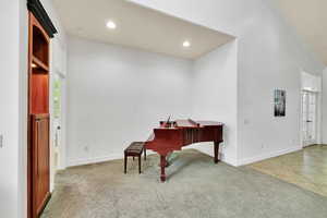 Living area featuring carpet floors and recessed lighting