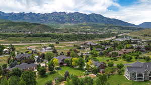 Aerial view of residential area with mountains