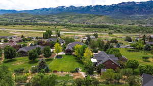 Aerial view of residential area with a mountain backdrop
