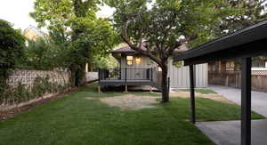 Rear view of house featuring a fenced backyard and board and batten siding