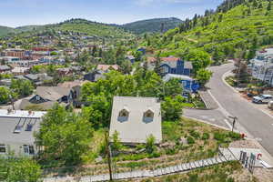 Aerial view of residential area with a mountain backdrop