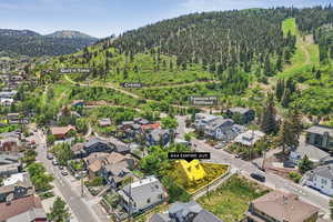 Aerial perspective of suburban area with a mountainous background and a heavily wooded area