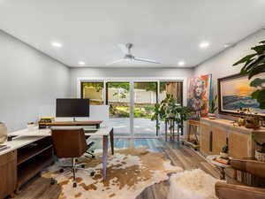 Home office with wood finished floors, recessed lighting, and ceiling fan