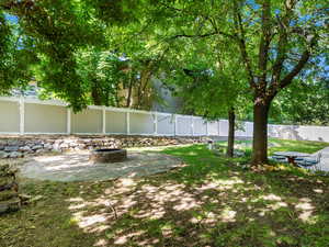 Fenced backyard featuring an outdoor fire pit and a patio area