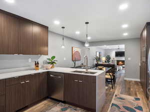 Kitchen featuring stainless steel dishwasher, a peninsula, open floor plan, dark wood-style flooring, and light countertops