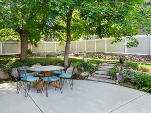 Fenced backyard with a patio and outdoor dining space