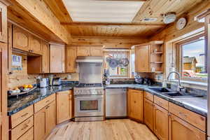 Kitchen with stainless steel appliances, light wood-type flooring, wood ceiling, open shelves, and under cabinet range hood