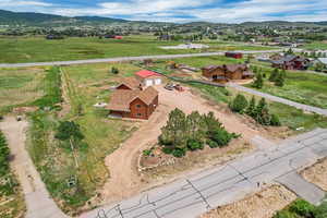Aerial view of residential area with a mountain backdrop