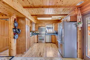 Kitchen with stainless steel appliances, light wood-type flooring, dark countertops, under cabinet range hood, and a wood ceiling with exposed beams