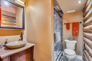 Bathroom with vanity, a stall shower, and log walls