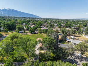 Aerial view of residential area with mountains