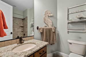 Full bath with vanity and a shower