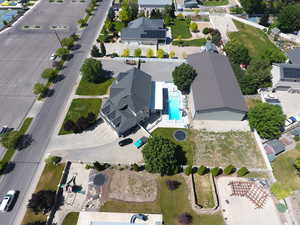 Aerial view of residential area with a pool area