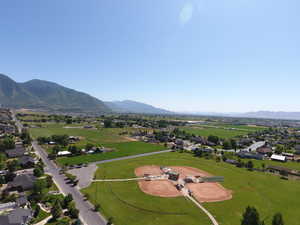 Aerial view of residential area with mountains