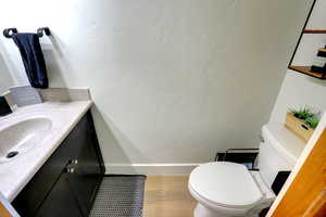 Bathroom featuring vanity, wood finished floors, and a textured wall
