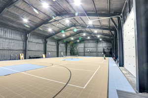 The court consists of 3 pickle ball courts 4 batting cages. And a full court basketball court.