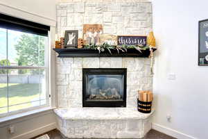 Detailed view of carpet floors and a fireplace