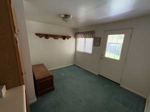 Carpeted entryway with baseboards