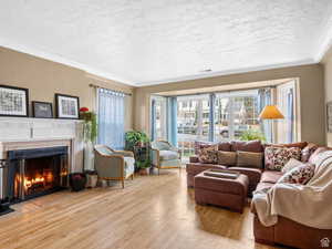 Living area featuring wood finished floors, a textured ceiling, a warm lit fireplace, and crown molding