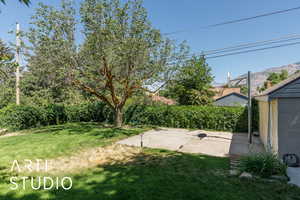 View of grassy yard with a patio and a mountain view