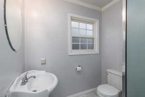Half bathroom featuring toilet and crown molding