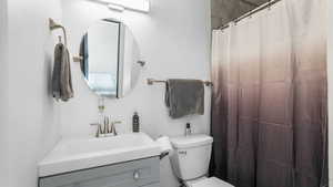 Full bathroom featuring vanity and a shower with shower curtain