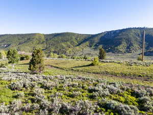 View of mountain background featuring rural landscape