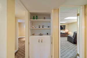 Corridor with carpet flooring and built in features