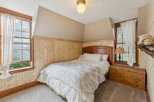 Carpeted bedroom featuring multiple windows
