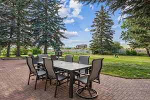 Fenced backyard with outdoor dining area and a patio area
