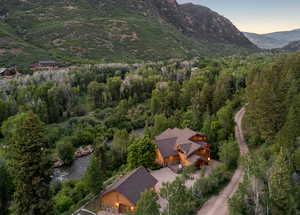 Aerial view at dusk of a view of trees and a mountain view