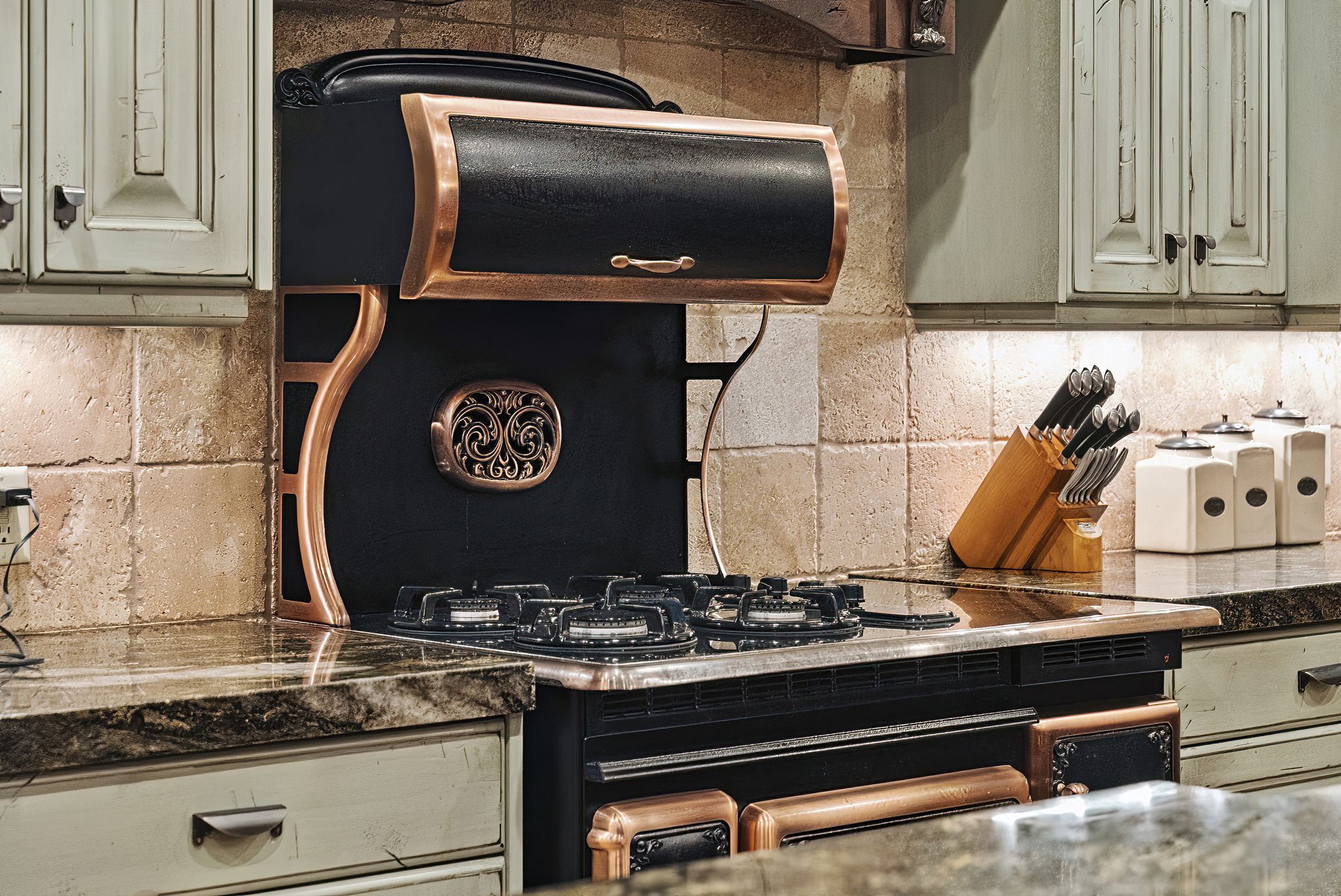 Kitchen with sage cabinets, tasteful backsplash, and dark countertops