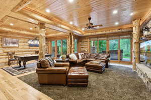 Living area featuring wooden ceiling, rustic walls, recessed lighting, ceiling fan, and wood-type flooring