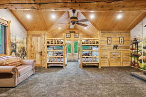 Sitting room featuring carpet floors, wooden ceiling, a ceiling fan, and recessed lighting
