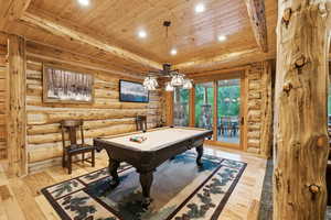 Game room with wooden ceiling, log walls, billiards table, light wood-style flooring, and recessed lighting
