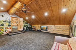 Living room with carpet, recessed lighting, wood ceiling, and ceiling fan