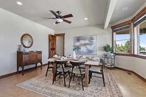 Dining area with recessed lighting, ceiling fan, and light tile patterned floors