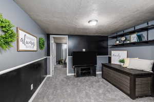 Newly carpeted living area featuring a textured ceiling