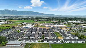 Aerial perspective of suburban area with mountains