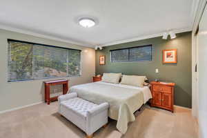 Bedroom featuring crown molding and light colored carpet