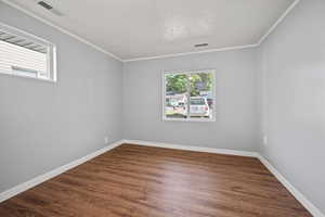 Spare room featuring plenty of natural light, crown molding, and dark wood-style flooring