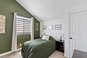 Carpeted bedroom featuring vaulted ceiling and a textured ceiling