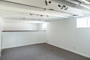 Basement bedroom with carpet flooring and healthy amount of natural light