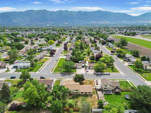 Aerial perspective of suburban area featuring mountains