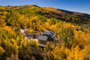View from above of property featuring a heavily wooded area